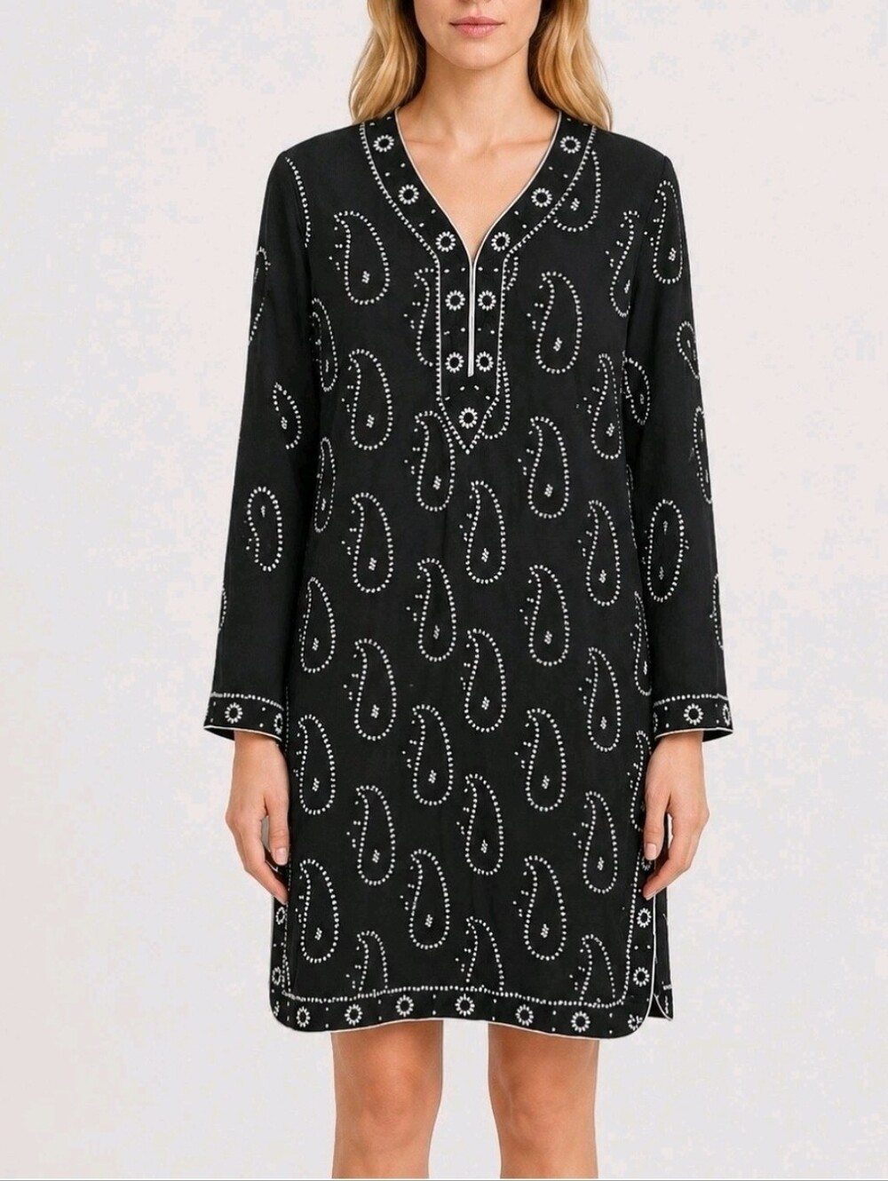J McLaughlin Kiara Tunic Dress size XL black w/white embroidered paisley